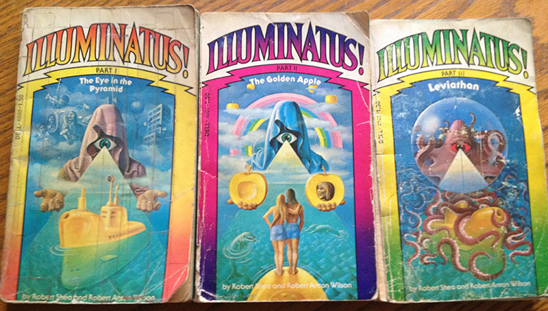 Illuminatus! trilogy by Robert Anton Wilson, covers by Carlos Victor Ochagavia