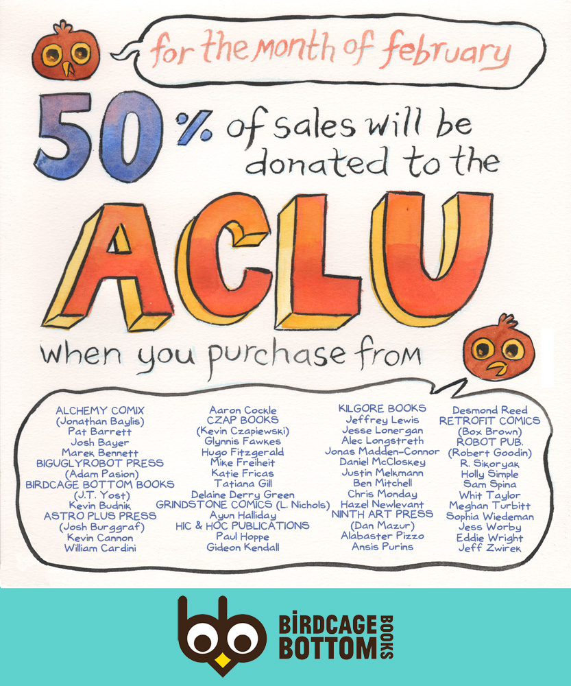 Birdcage Bottom Books ACLU donation flyer for February 2017