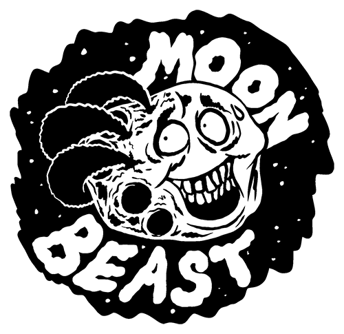 Moon Beast Games logo is a nervously smiling moon being squeezed by a monstrous clawed hand