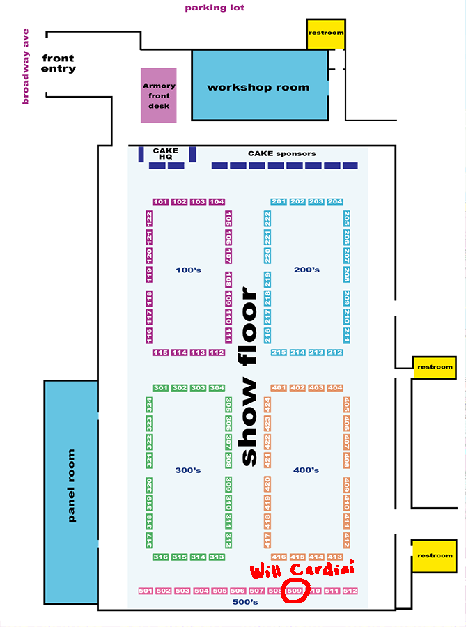 Map of CAKE tables on the Broadway Armory with a callout for Table 509