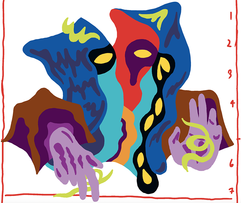 Colorful space wizard whose hands are giving a blessing even though his head has been chopped in half.