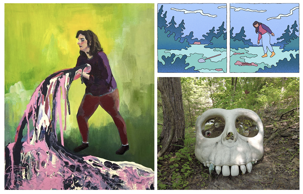 Three artworks presented in panels. Clockwise from left, a colorful painting of a woman, a comic set in a forest, and a ceramic skull.