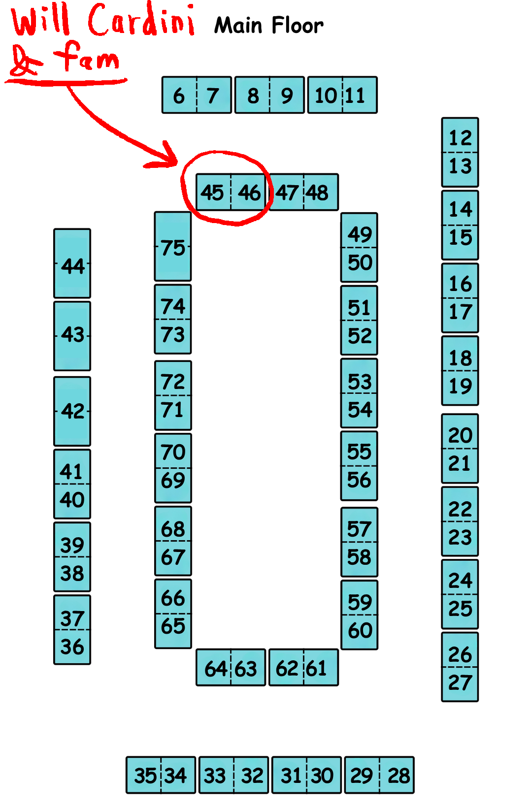 Table map of the main floor of Van Go with tables 45 and 46 highlighted with a callout that says Will Cardini & fam