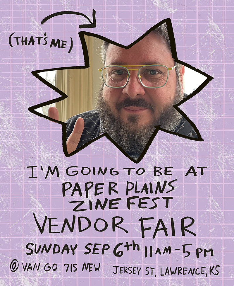 Purple flyer promoting the Paper Plains Zine Fest 5 vendor fair. It has a photo of Will Cardini giving a peace sign in a star cutout.